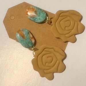 Blue and Tan Floral Bird Earrings